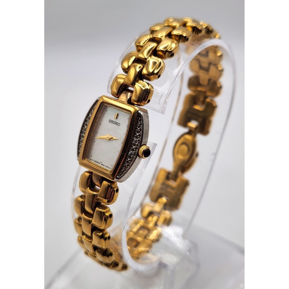 Seiko 4N00-6809 Dress Watch Womens 6.5 Gold Tone Mother of Pearl Crystal Accents